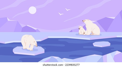 Arctic landscape with adult and cub polar bears flat style, vector illustration. Cute smiling animal characters, endangered species, floating ice, blue and purple shades