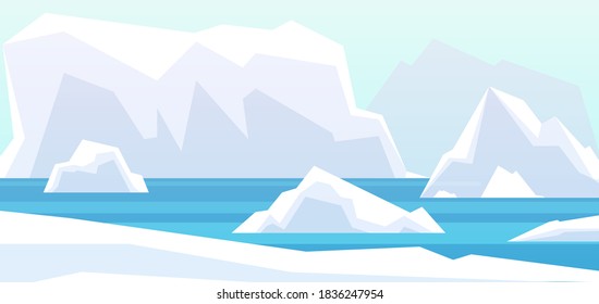 Arctic landscape. Beauty north pole, glacier iceberg in water. Winter polar mountains rocks, antarctic melting berg in sea vector background