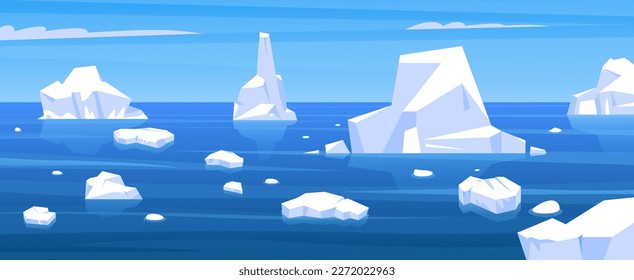 Arctic landscape. Cartoon winter scene with floating iceberg and frozen glacier pieces, ice north panorama, global warming concept. Vector background of ice sea polar illustration