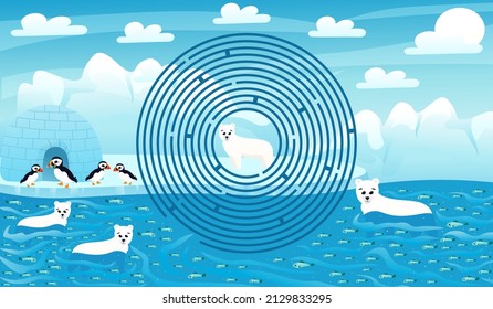 Arctic landscape and circle maze for kids with cute polar bears, puffins characters and ingloo, help to find right way