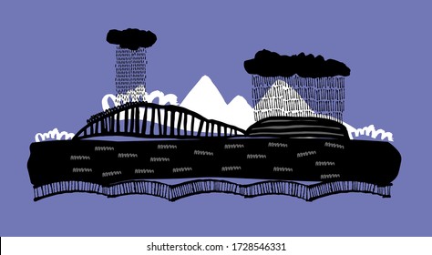 Arctic landscape with clouds raining. Ecological vector illustration: global warming, melting glaciers. Climate change, temperature increase. melting of the ice sheet. Environmental care clipart 