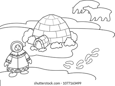 Arctic landscape with Eskimo in national clothes, igloo and stylized polar bear