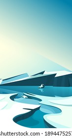 Arctic landscape with frozen water. Natural scenery in vertical orientation.