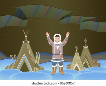 Arctic landscape with hunter against the background of the Northern Lights.