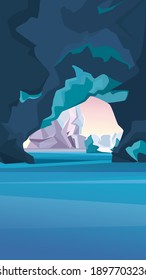 Arctic landscape with ice cave. Natural scenery in vertical orientation.