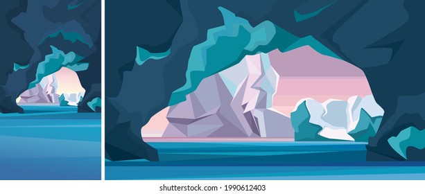 Arctic landscape with ice cave. Natural scenery in vertical and horizontal orientation.