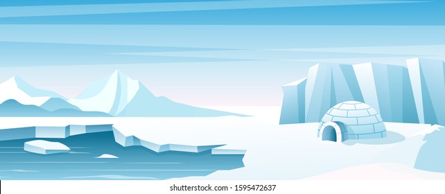 Arctic landscape with ice house flat vector illustration. Shelter, hut built of snow, igloo. Eskimo people building inhabit . Beautiful snowy winter nature view. Ice mountains peaks.