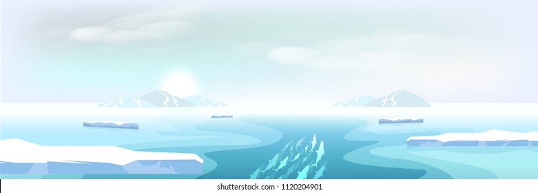 Arctic landscape ice melting and ice mountains, winter to summer natural environment, fish migration poster abstract background vector illustration in long horizontal style