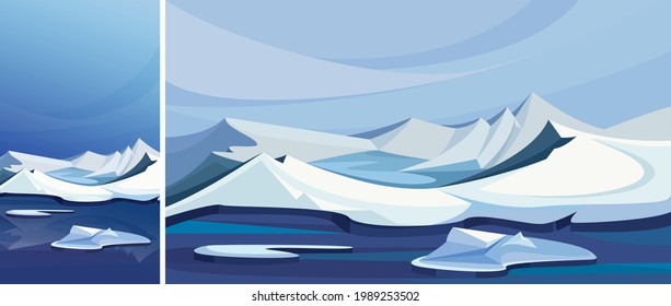 Arctic landscape with ice mountains. Natural scenery in vertical and horizontal orientation.