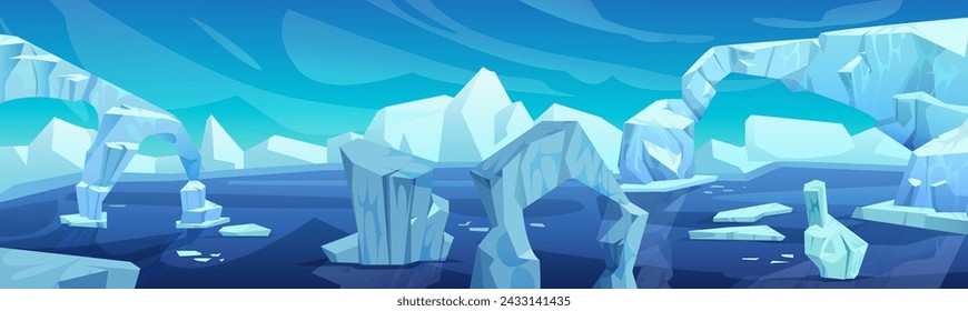 Arctic landscape with iceberg in ocean or sea. Cartoon vector illustration of blue polar scenery with glacier snow mountain and ice blocks floating in water. Cold northern horizon with floe.