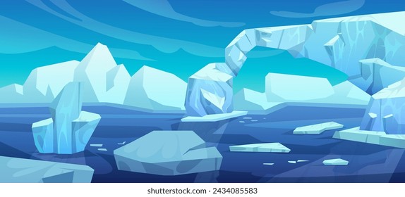 Arctic landscape with iceberg in ocean or sea. Cartoon vector illustration of blue polar scenery with glacier snow mountain and ice blocks floating in water. Cold northern horizon with floe.