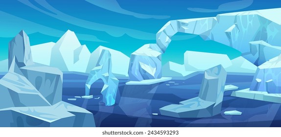 Arctic landscape with iceberg in ocean or sea. Cartoon vector illustration of blue polar scenery with glacier snow mountain and ice blocks floating in water. Cold northern horizon with floe.