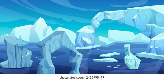 Arctic landscape with iceberg in ocean or sea. Cartoon vector illustration of blue polar scenery with glacier snow mountain and ice blocks floating in water. Cold northern horizon with floe.