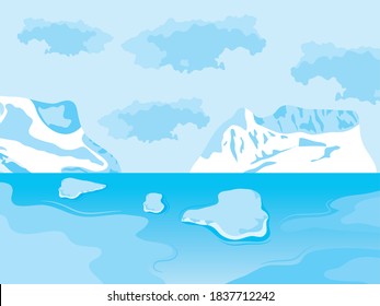 arctic landscape with icebergs and blocks floating, colorful design, vector illustration