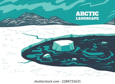 Arctic landscape with icebergs in north sea and snowy mountains, flat cartoon vector illustration. Snowy north pole and arctic winter nature scenery backdrop.