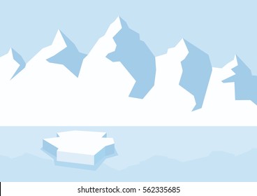 Arctic landscape with icebergs in the ocean vector illustration. Polar landscape with ice floe vector illustration. Snow capped mountains drawing. Winter mountains background