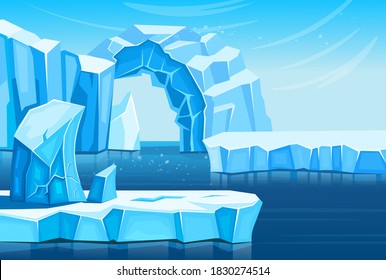 Arctic landscape with icebergs  and sea or ocean. Vector  cartoon illustration for games and mobile applications.