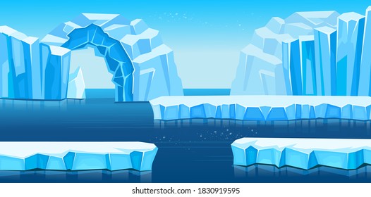 Arctic landscape with icebergs  and sea or ocean. Panorama of antarctica. Vector  cartoon illustration for games and mobile applications.