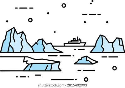 Arctic Landscape with Icebergs and Ship Vector Illustration