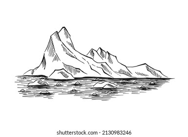 Arctic landscape. Icy mounts, Iceberg. Hand drawn illustration converted to vector.