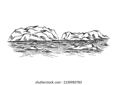 Arctic landscape. Icy mounts, Iceberg. Hand drawn illustration converted to vector.