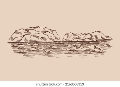 Arctic landscape. Icy mounts, Iceberg. Hand drawn illustration converted to vector.