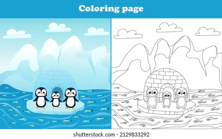 Arctic landscape for kids with cute penguin characters, coloring page for children books, printable worksheet