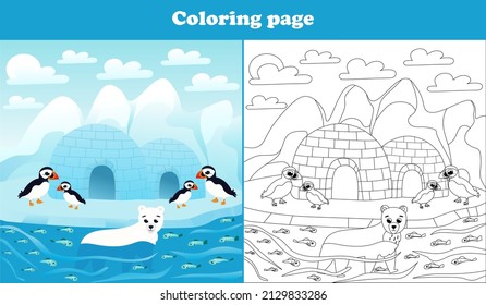 Arctic landscape for kids with cute puffin and polar bear characters, coloring page for children books