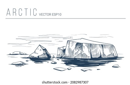 Arctic landscape. Line art illustration. Northern nature with sea, ice and icebergs