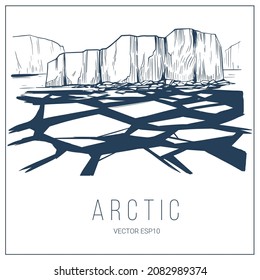 Arctic landscape. Line art illustration. Northern nature with sea, ice and icebergs