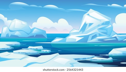 Arctic landscape with massive icebergs and calm blue waters under a sunny sky. Vector cartoon illustration