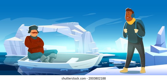 Arctic landscape with melting iceberg, boat and people on glacier floating in sea. Concept of scientific expedition or travel. Vector cartoon illustration of men on polar or antarctic ice in ocean