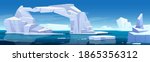 Arctic landscape with melting iceberg and glaciers floating in sea. Concept of global warning and climate change. Vector cartoon illustration of polar or antarctic ice in blue ocean water