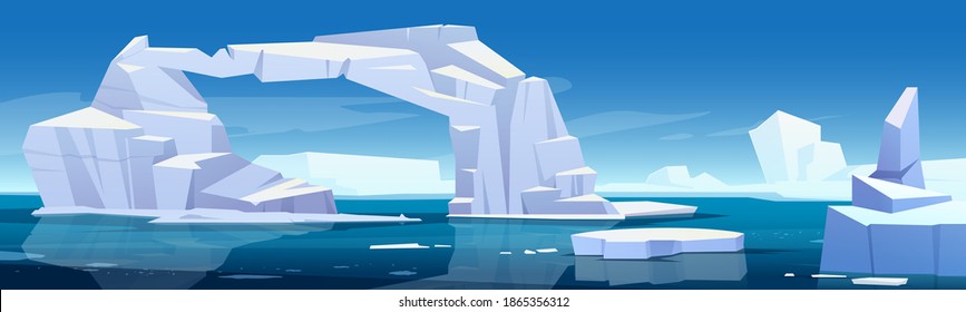 Arctic landscape with melting iceberg and glaciers floating in sea. Concept of global warning and climate change. Vector cartoon illustration of polar or antarctic ice in blue ocean water