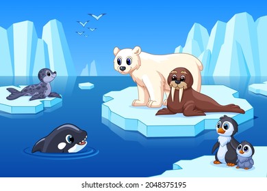 Paisaje ártico. Glaciar del polo norte, foca de oso polar y morsa sobre hielo. Paisaje antártico, iceberg en el océano o el mar. Fondo vectorial garish congelador de invierno