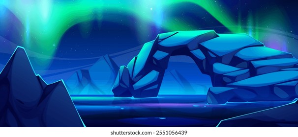 Arctic landscape with Northern Lights. Ice formations and polar waters mirror green aurora borealis glow. Crystalline peaks and starry sky at night. Natural phenomenon with celestial illuminating