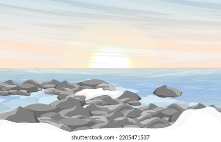 Arctic landscape with pebble beach covered with snow. Sea or ocean coast in winter. Antarctica and the South Pole. Realistic vector landscape