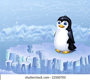 Arctic landscape and a penguin sitting on an ice floe