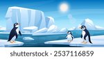 Arctic landscape with penguins floating on iceberg. Vector horizontal illustration of snowy Northern polar nature with ocean, glaciers, penguin. Ice floating on cold deep water. Global warming concept