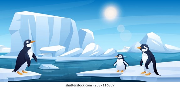 Arctic landscape with penguins floating on iceberg. Vector horizontal illustration of snowy Northern polar nature with ocean, glaciers, penguin. Ice floating on cold deep water. Global warming concept