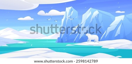 Arctic landscape with polar bear, icebergs, snow, water, and birds in vector cartoon style illustration on bright sunny day. Frozen polar scenery  in chilly northern waters with drifting ice fragments