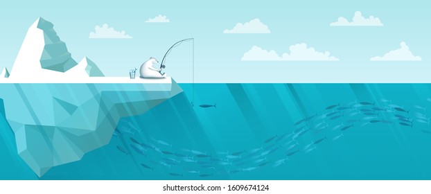 Arctic landscape showing a polar bear on an iceberg. A polar bear catches fish and puts it in a bucket. A school of fish swims underwater. Vector. Wildlife scene on a sunny day.