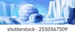Arctic landscape with traditional igloo house built from snow blocks. Polar scenery with frozen glacier formations and ice peaks. Cartoon vector winter scene with shelter in arctic environment.