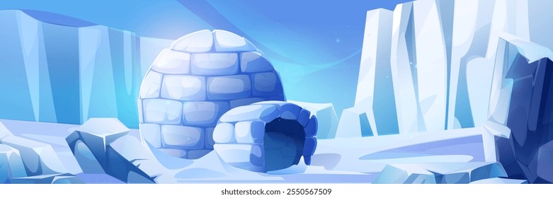 Arctic landscape with traditional igloo house built from snow blocks. Polar scenery with frozen glacier formations and ice peaks. Cartoon vector winter scene with shelter in arctic environment.