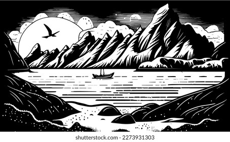 Arctic landscape vector black line illustration isolated white. Sketch art