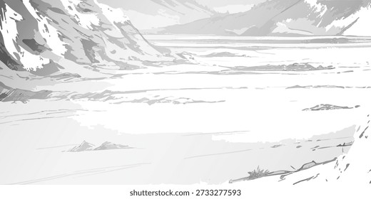 Arktische Landschaft, Vektorgrafik mit schwarzer Linie, einzeln weiß. Skizze