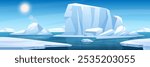 Arctic landscape. Vector illustration of snowy Northern polar landscape with ocean, icebergs, glaciers, frozen mountains. Ice floating on cold deep water. Horizontal view. Panoramic cold nature