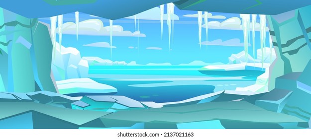 Paisaje ártico. Vista desde la cueva. Hielo Iceberg Antártida. Hermoso paisaje invernal. Nubes azules del cielo. El hielo se congele en el océano. El horizonte invernal de vista lejana. Agua fría congelada. Vector.