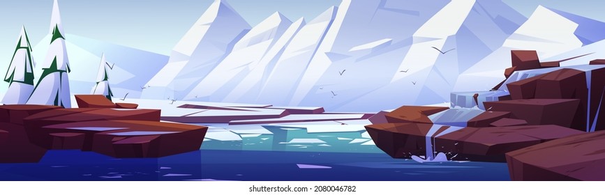 Arctic landscape with white mountains, melting snow and ice. Vector cartoon illustration of northern nature scene with snowy rocks, fir trees, river with glaciers and flowing water from stone shores