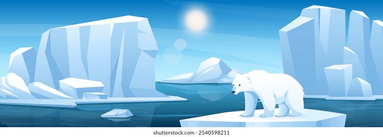 Arktische Landschaft mit weißem Eisbär. Vektorgrafik der Tierwelt, verschneite Polarnatur mit Bären, Eisbergen, Gletschern. Eis, das auf kaltem Tiefwasser treibt. Horizontale Ansicht. Globale Erwärmung